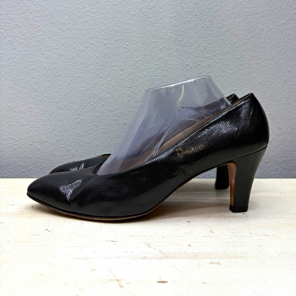 Salvatore Ferragamo Black Leather Lizard Embossed Pointed Heels Size 10